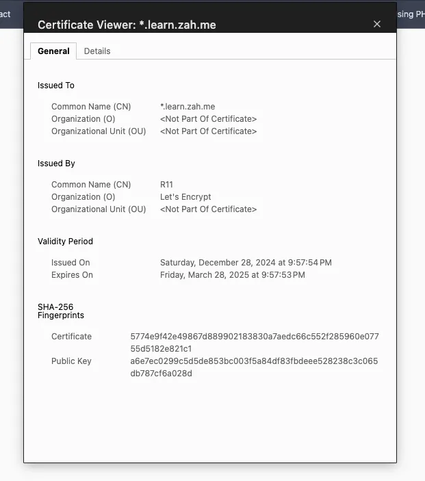 Browser showing a valid SSL certificate