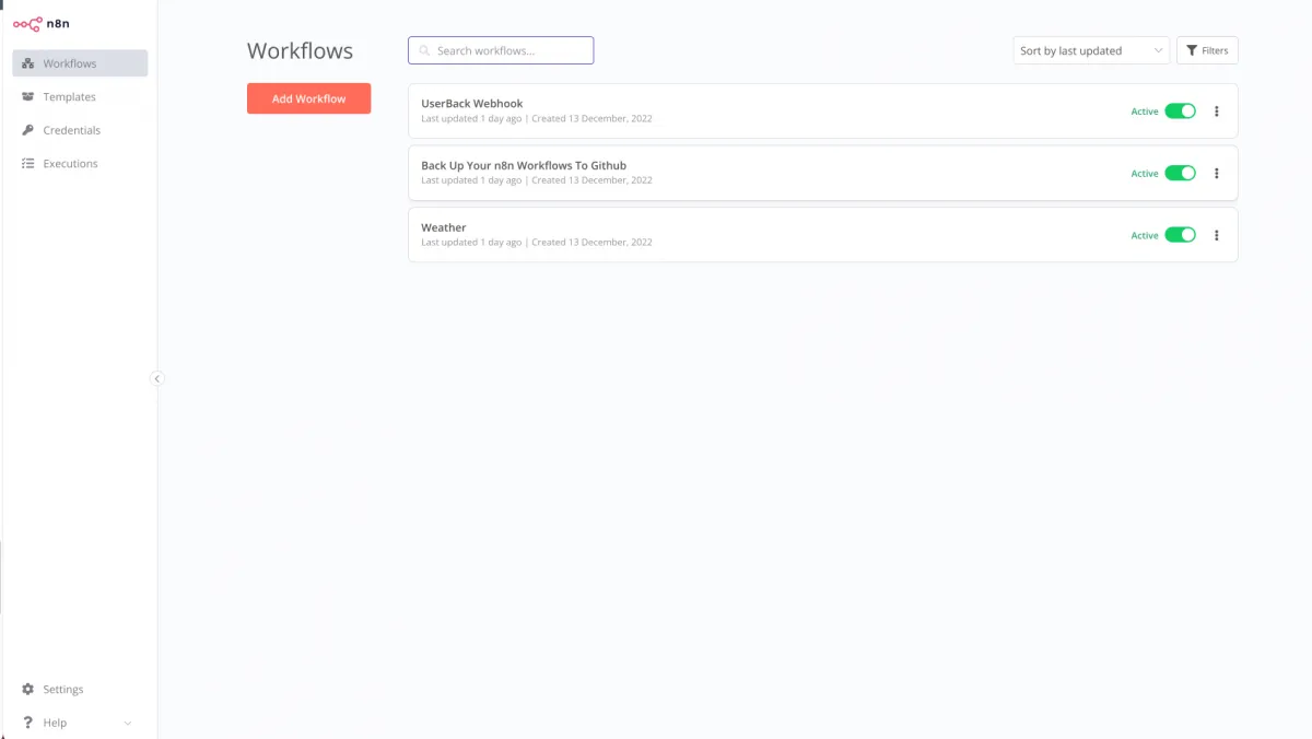 n8n dashboard after accessing the service for the first time