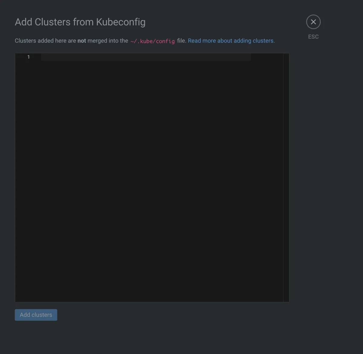 OpenLens add cluster from kubeconfig dialog
