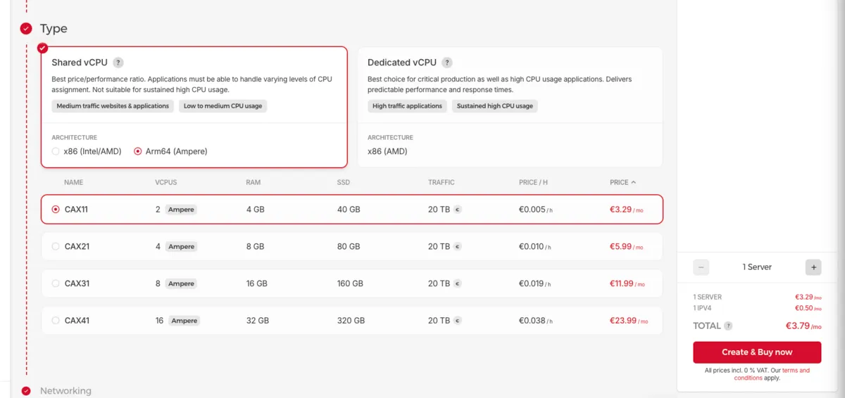 Hetzner server creation page