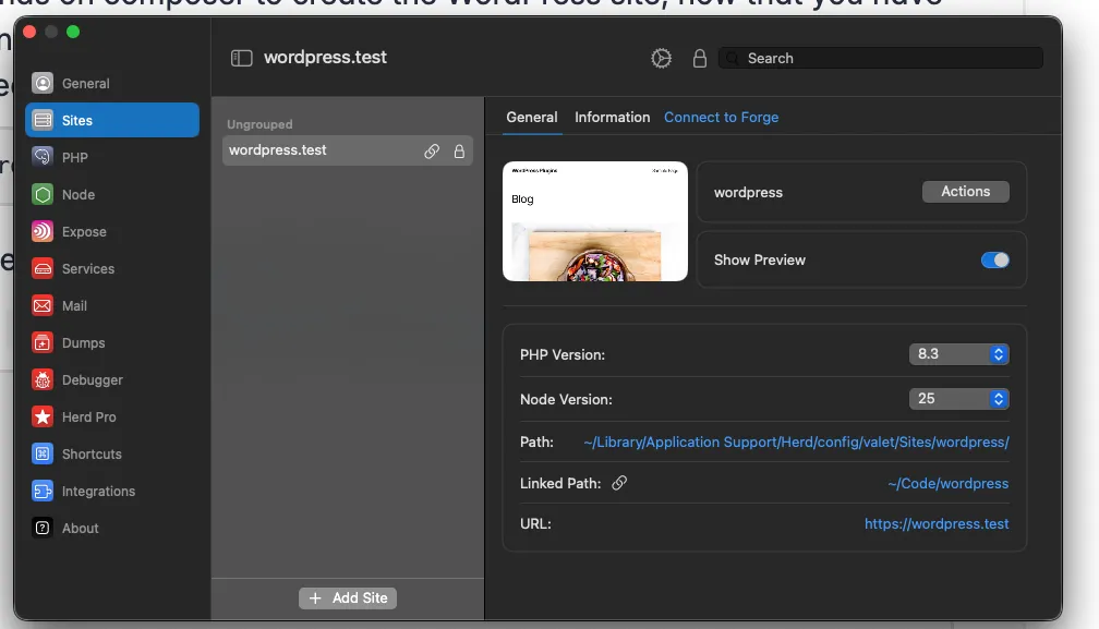 WordPress site view in Herd