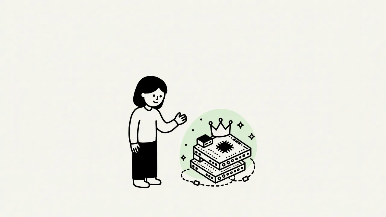 Ink illustration of a person beside a stack of three Raspberry Pi boards, the top one wearing a small crown as the K3s server node